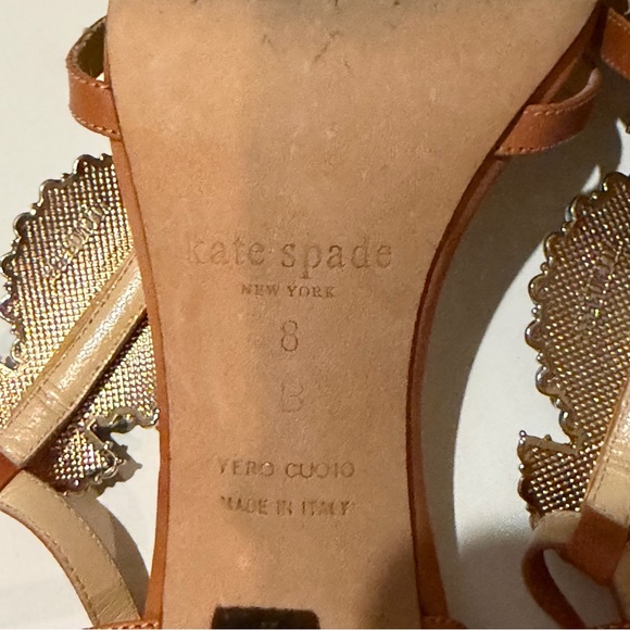 Kate Spade Tan 3in Heeled Sandals Leather with Turquoise Gemstones Size 8 Italy - Picture 8 of 10